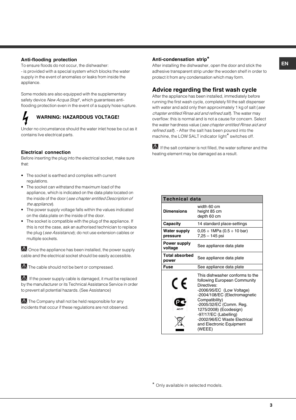 Advice regarding the first wash cycle | Hotpoint Ariston LDF 12314E X EU User Manual | Page 3 / 84