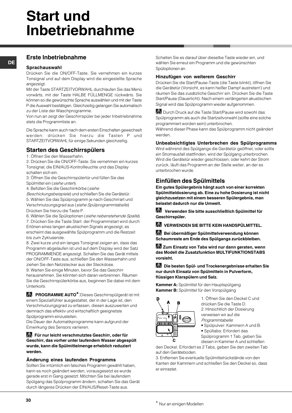 Start und inbetriebnahme, Einfüllen des spülmittels, Erste inbetriebnahme | Starten des geschirrspülers | Hotpoint Ariston LDF 12314E X EU User Manual | Page 30 / 84