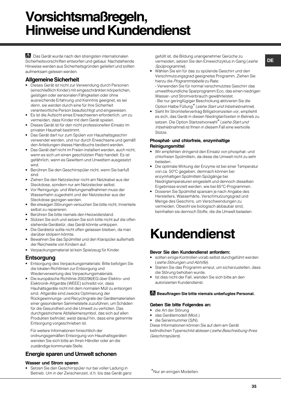 Vorsichtsmaßregeln, hinweise und kundendienst, Kundendienst, Allgemeine sicherheit | Entsorgung, Energie sparen und umwelt schonen | Hotpoint Ariston LDF 12314E X EU User Manual | Page 35 / 84