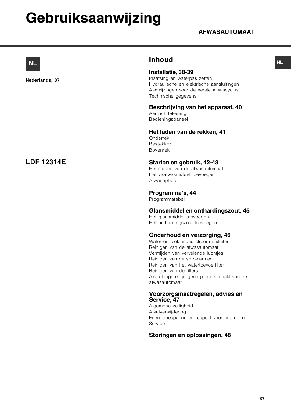 Gebruiksaanwijzing, Inhoud | Hotpoint Ariston LDF 12314E X EU User Manual | Page 37 / 84
