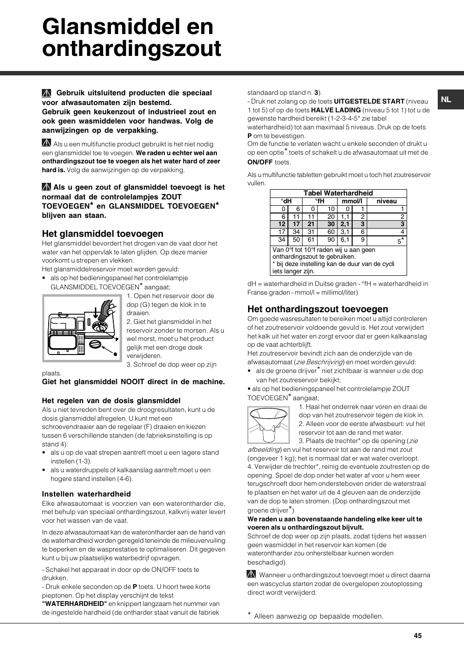 Glansmiddel en onthardingszout, Het glansmiddel toevoegen, Het onthardingszout toevoegen | Hotpoint Ariston LDF 12314E X EU User Manual | Page 45 / 84