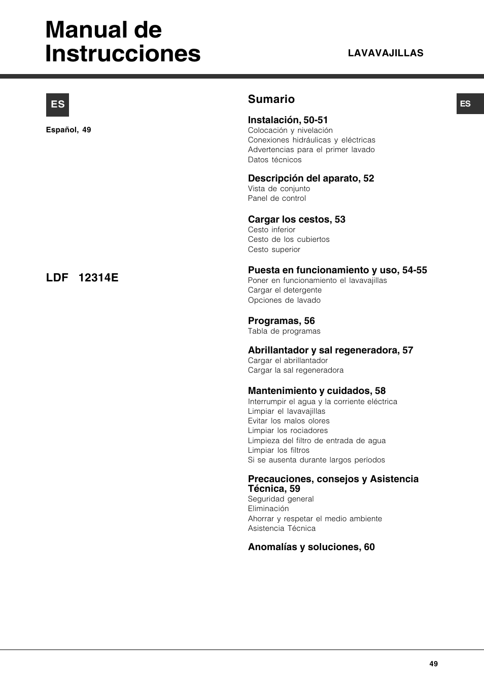 Manual de instrucciones, Sumario | Hotpoint Ariston LDF 12314E X EU User Manual | Page 49 / 84