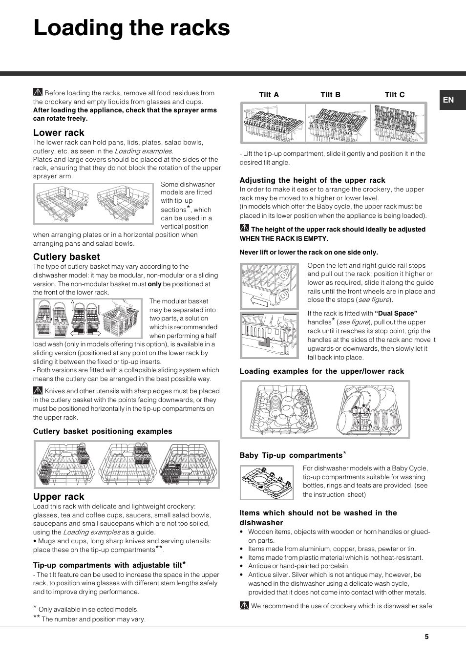 Loading the racks, Lower rack, Cutlery basket | Upper rack | Hotpoint Ariston LDF 12314E X EU User Manual | Page 5 / 84