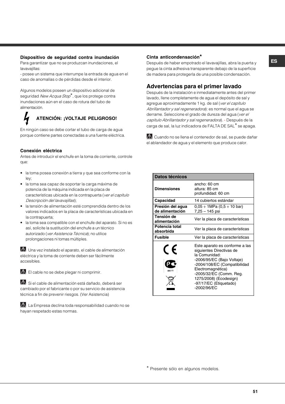 Advertencias para el primer lavado | Hotpoint Ariston LDF 12314E X EU User Manual | Page 51 / 84