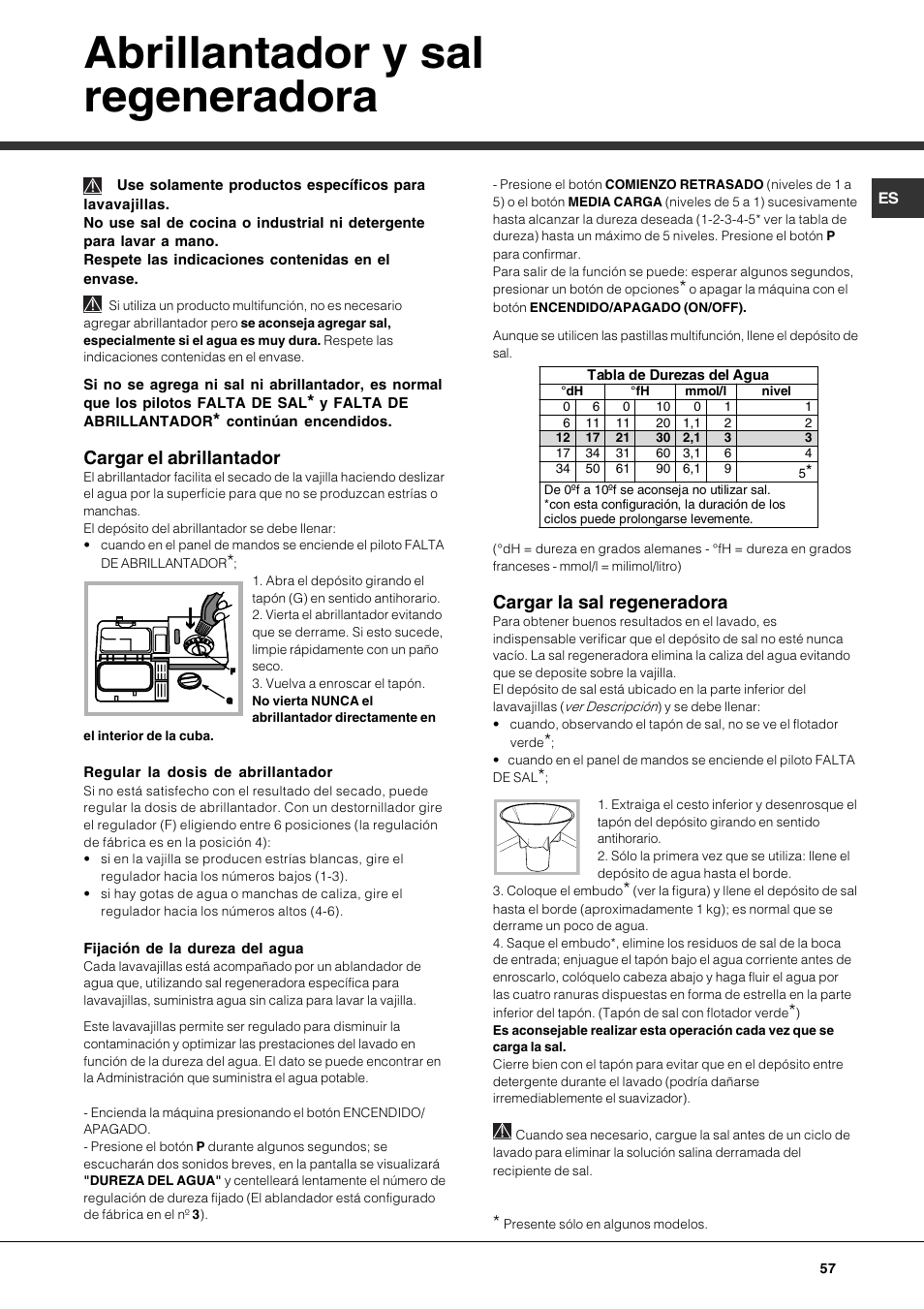 Abrillantador y sal regeneradora, Cargar el abrillantador, Cargar la sal regeneradora | Hotpoint Ariston LDF 12314E X EU User Manual | Page 57 / 84