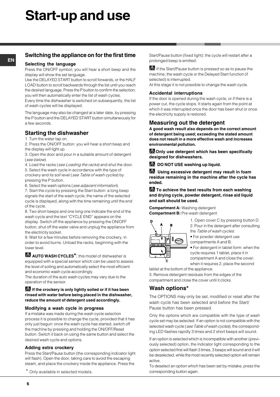 Start-up and use, Switching the appliance on for the first time, Starting the dishwasher | Measuring out the detergent, Wash options | Hotpoint Ariston LDF 12314E X EU User Manual | Page 6 / 84