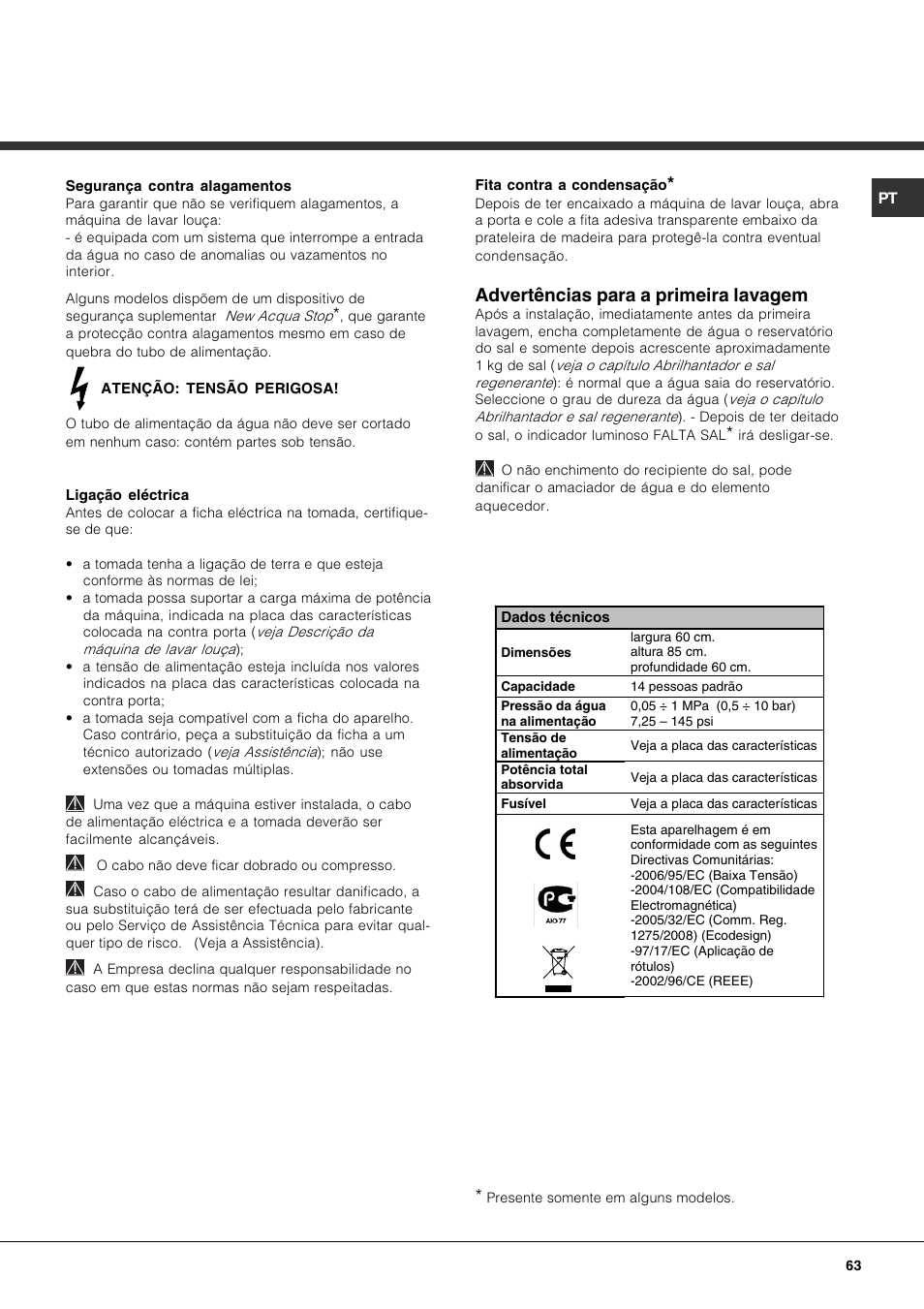 Advertências para a primeira lavagem | Hotpoint Ariston LDF 12314E X EU User Manual | Page 63 / 84