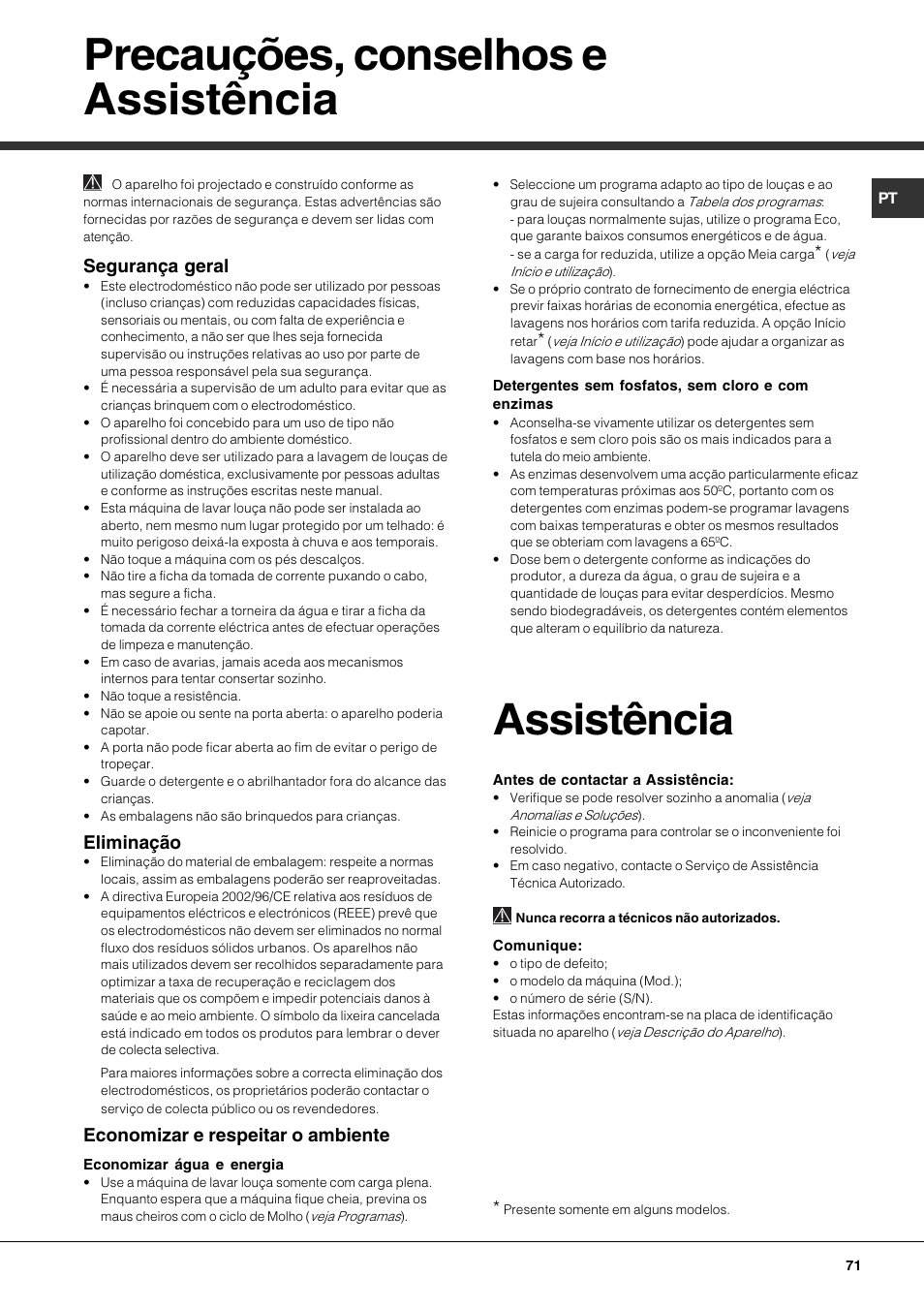 Precauções, conselhos e assistência, Assistência, Segurança geral | Eliminação, Economizar e respeitar o ambiente | Hotpoint Ariston LDF 12314E X EU User Manual | Page 71 / 84
