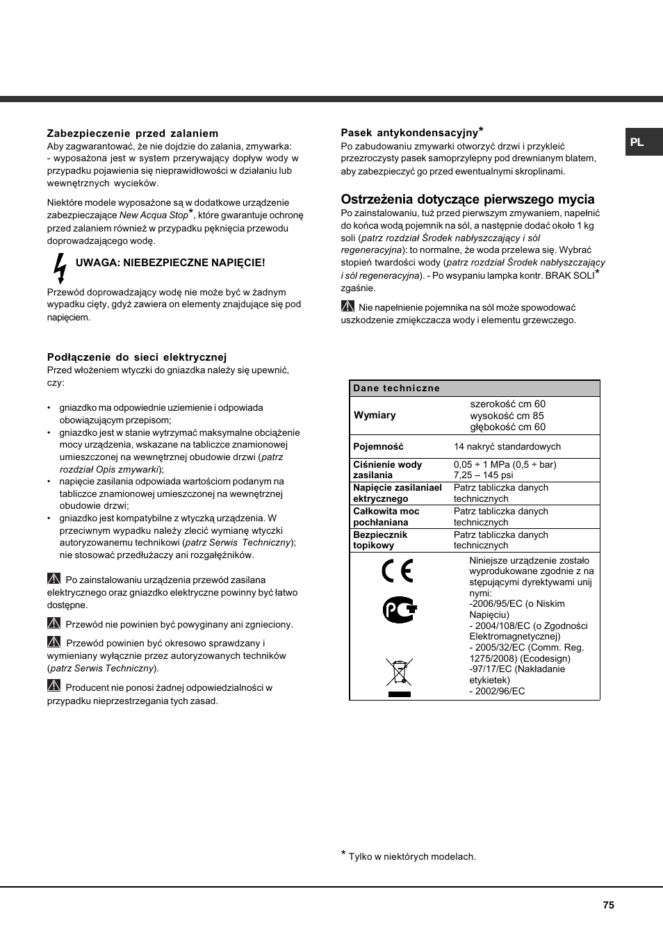 Ostrze¿enia dotycz¹ce pierwszego mycia | Hotpoint Ariston LDF 12314E X EU User Manual | Page 75 / 84