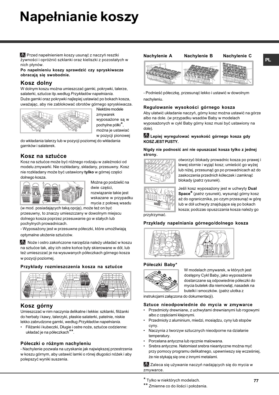 Nape³nianie koszy, Kosz dolny, Kosz na sztuæce | Kosz górny | Hotpoint Ariston LDF 12314E X EU User Manual | Page 77 / 84