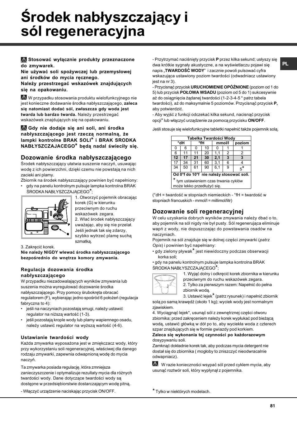 Rodek nab³yszczaj¹cy i sól regeneracyjna, Dozowanie rodka nab³yszczaj¹cego, Dozowanie soli regeneracyjnej | Hotpoint Ariston LDF 12314E X EU User Manual | Page 81 / 84