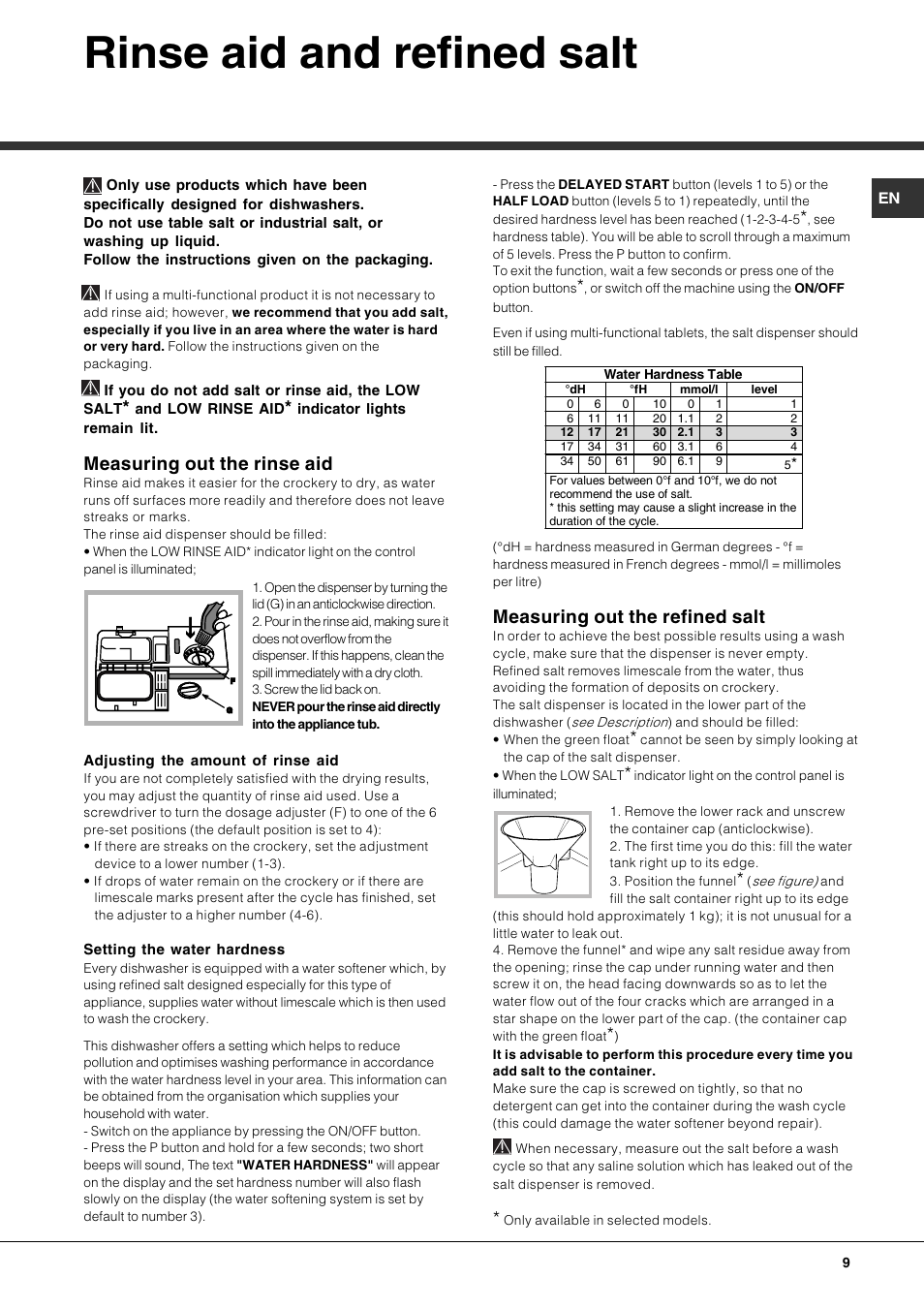 Rinse aid and refined salt, Measuring out the rinse aid, Measuring out the refined salt | Hotpoint Ariston LDF 12314E X EU User Manual | Page 9 / 84