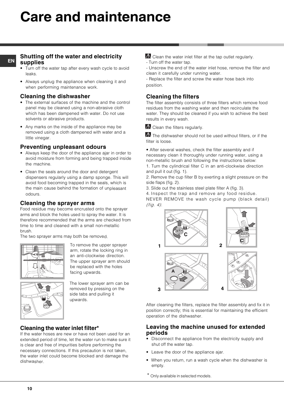 Care and maintenance, Shutting off the water and electricity supplies, Cleaning the dishwasher | Preventing unpleasant odours, Cleaning the sprayer arms, Cleaning the water inlet filter, Cleaning the filters, Leaving the machine unused for extended periods | Hotpoint Ariston LFF 8214E User Manual | Page 10 / 84