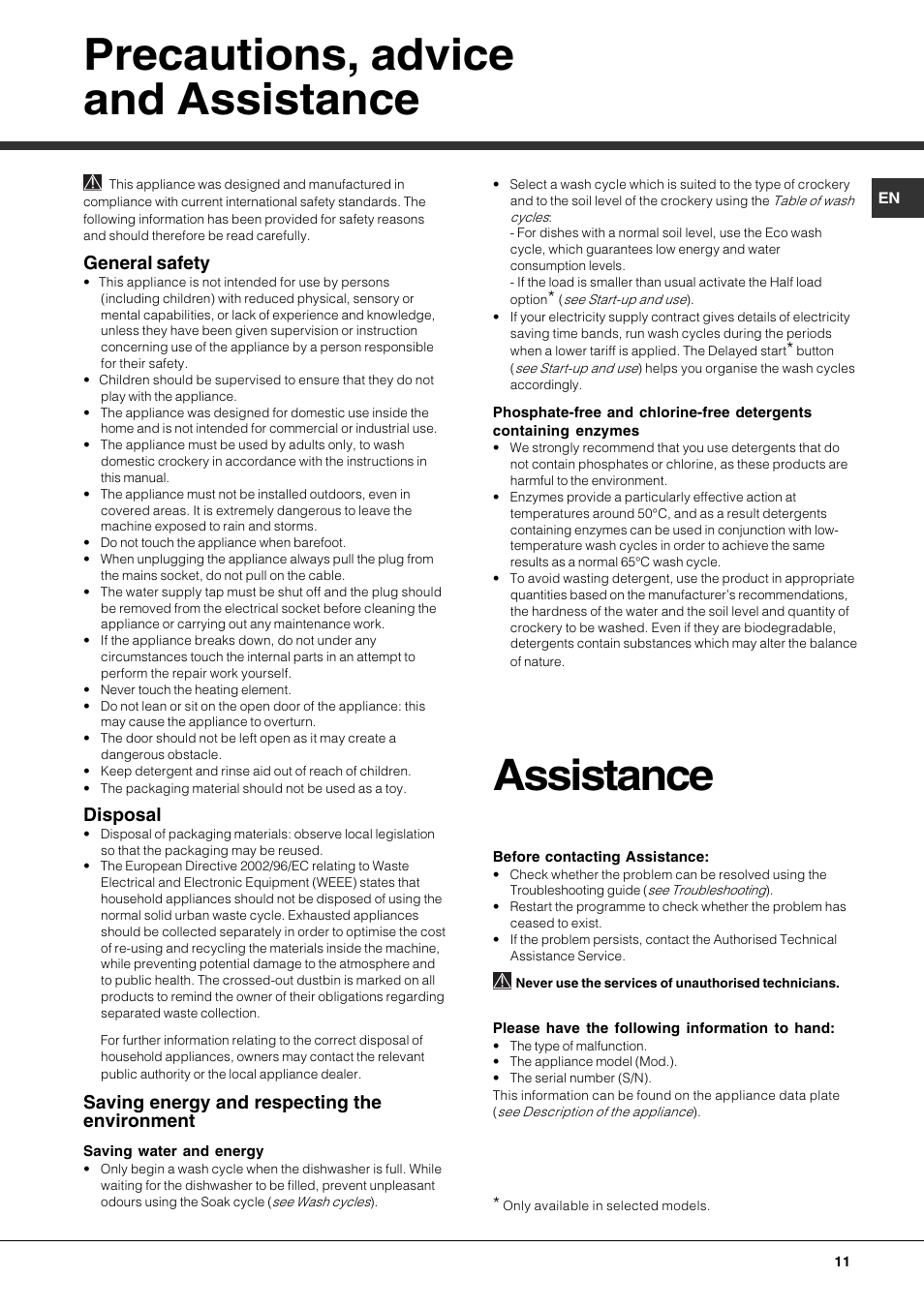Precautions, advice and assistance, Assistance, General safety | Disposal, Saving energy and respecting the environment | Hotpoint Ariston LFF 8214E User Manual | Page 11 / 84