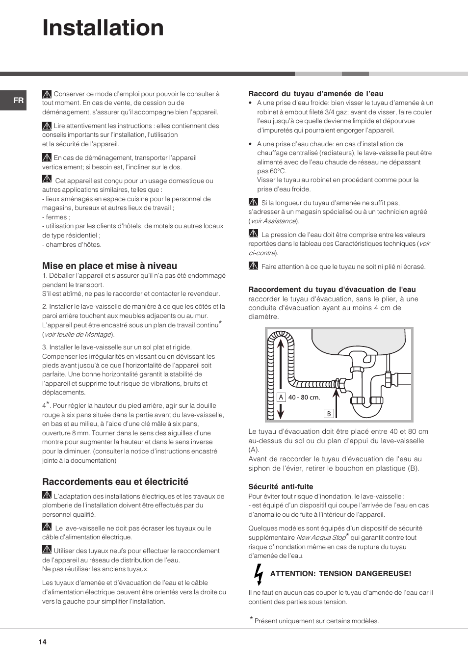 Installation, Mise en place et mise à niveau, Raccordements eau et électricité | Hotpoint Ariston LFF 8214E User Manual | Page 14 / 84