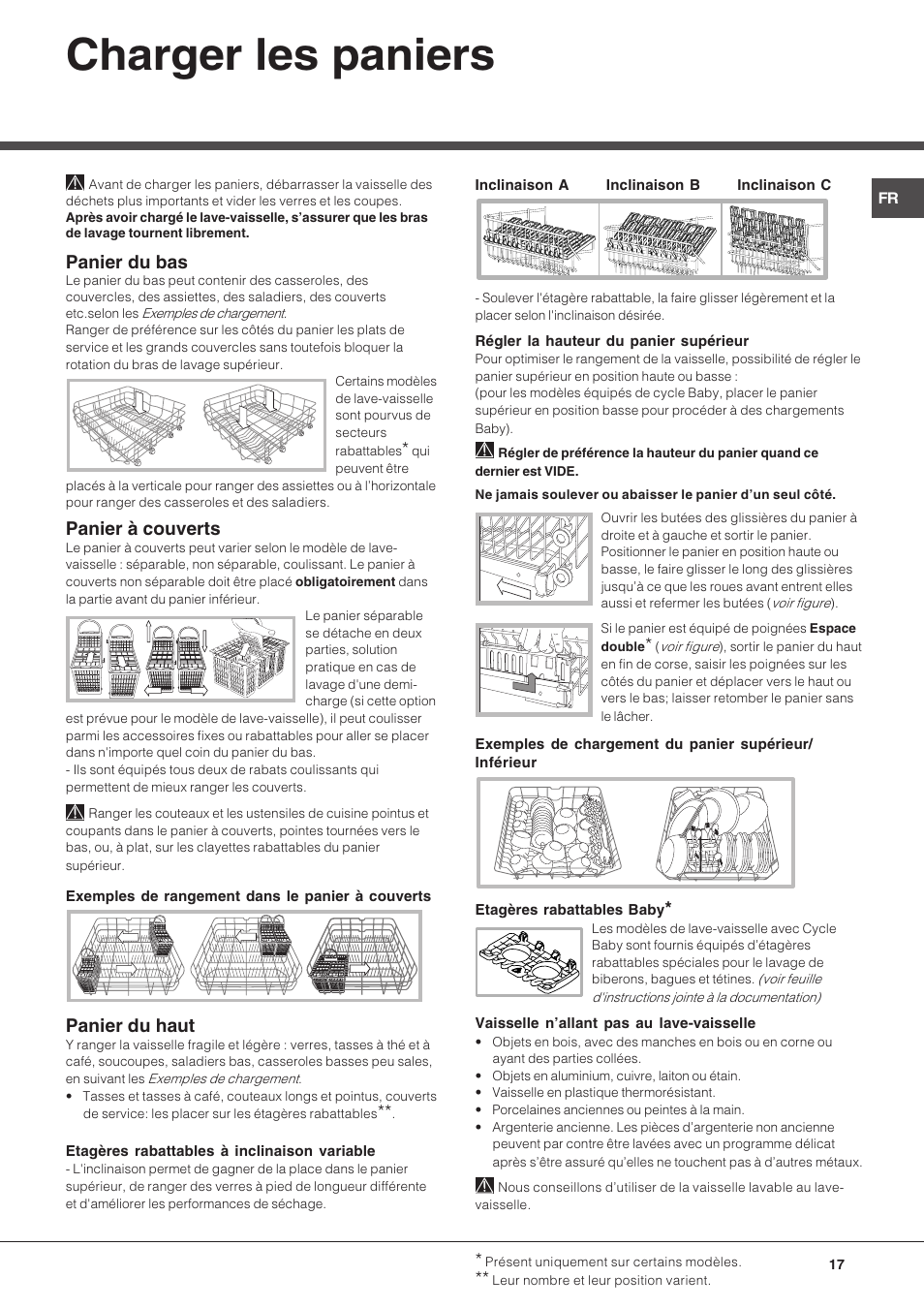 Charger les paniers, Panier du bas, Panier à couverts | Panier du haut | Hotpoint Ariston LFF 8214E User Manual | Page 17 / 84
