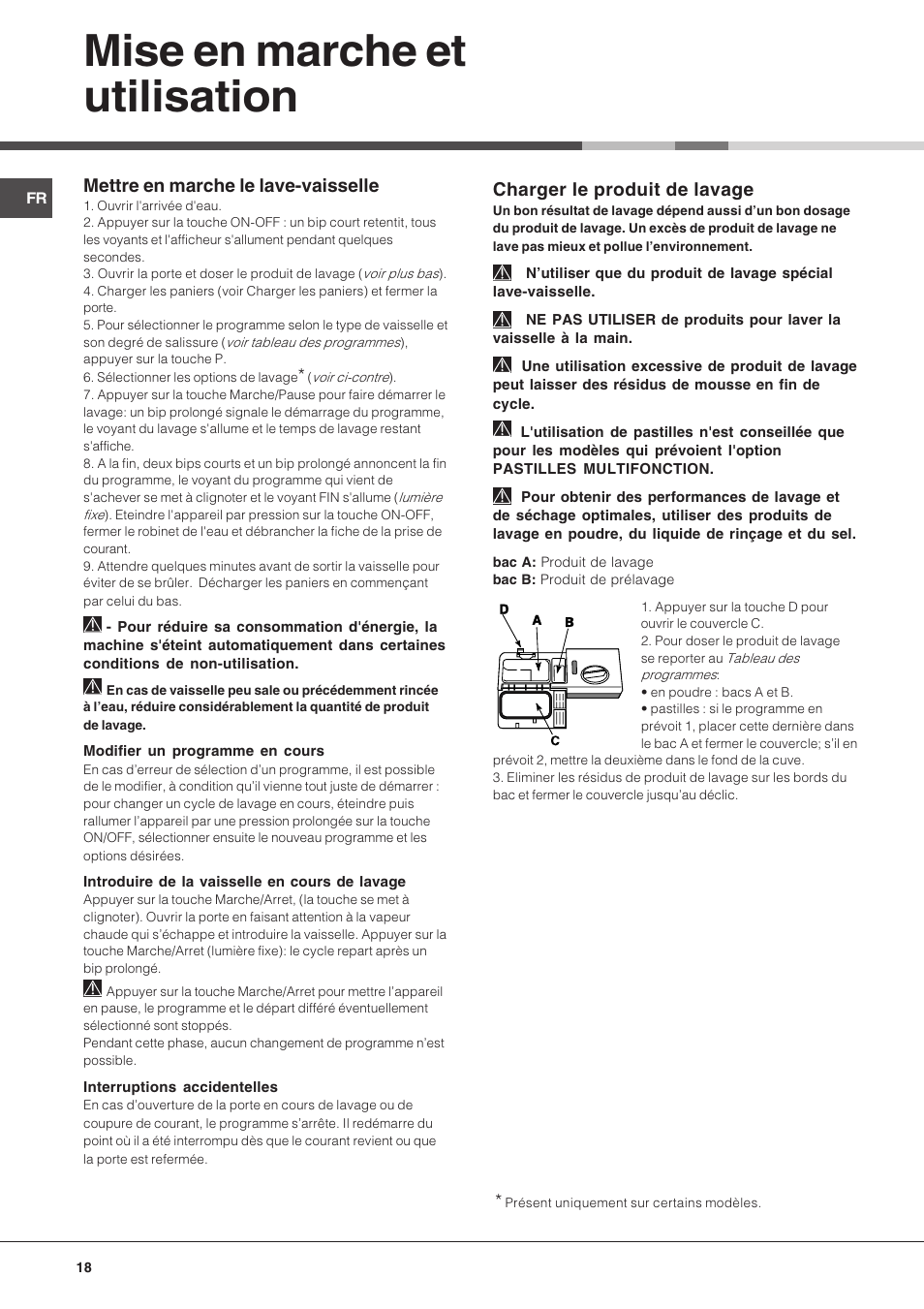 Mise en marche et utilisation, Charger le produit de lavage, Mettre en marche le lave-vaisselle | Hotpoint Ariston LFF 8214E User Manual | Page 18 / 84