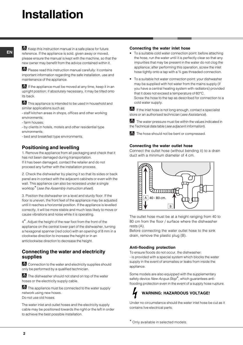 Installation, Positioning and levelling, Connecting the water and electricity supplies | Hotpoint Ariston LFF 8214E User Manual | Page 2 / 84