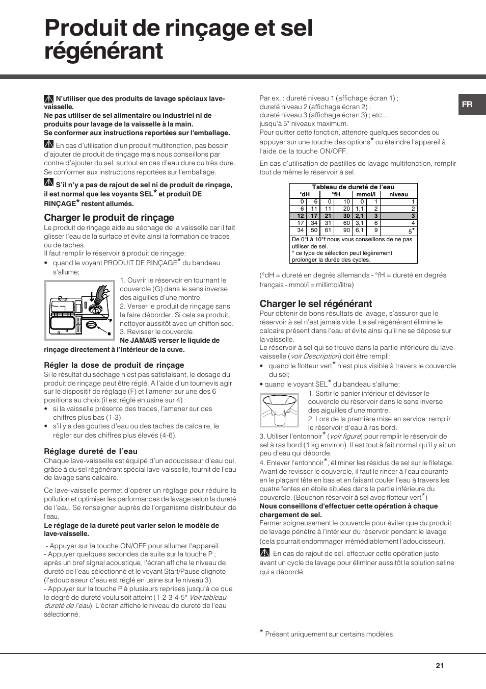 Produit de rinçage et sel régénérant, Charger le produit de rinçage, Charger le sel régénérant | Hotpoint Ariston LFF 8214E User Manual | Page 21 / 84