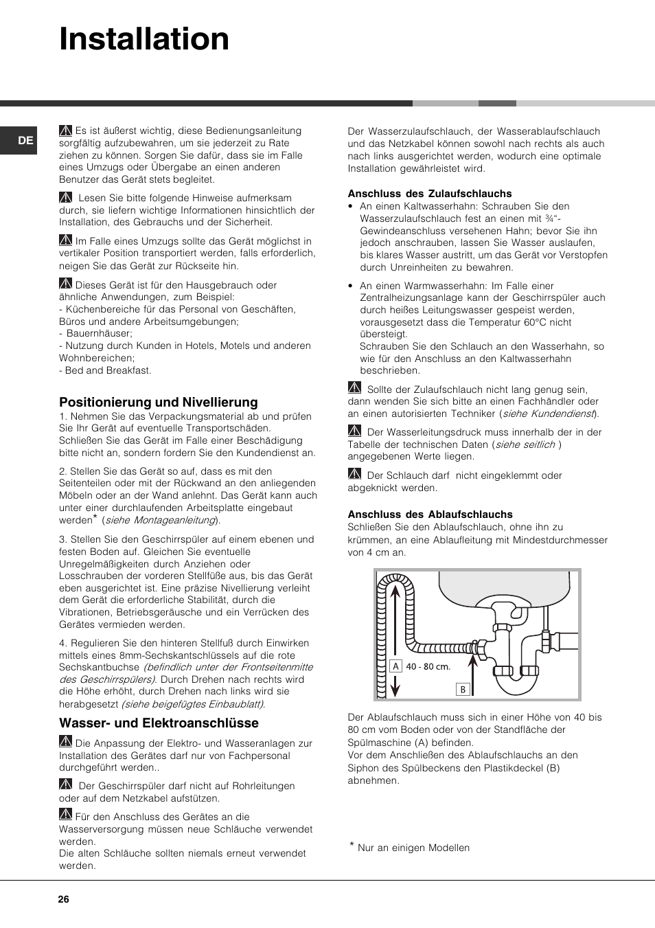 Installation, Positionierung und nivellierung, Wasser- und elektroanschlüsse | Hotpoint Ariston LFF 8214E User Manual | Page 26 / 84