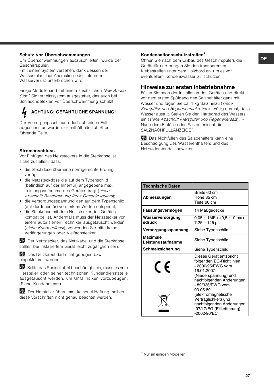 Hinweise zur ersten inbetriebnahme | Hotpoint Ariston LFF 8214E User Manual | Page 27 / 84