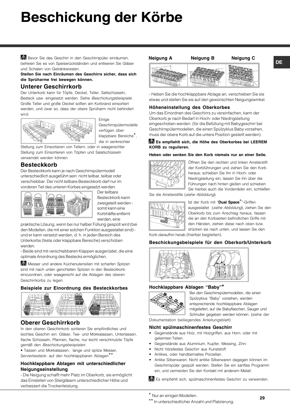 Beschickung der körbe, Unterer geschirrkorb, Besteckkorb | Oberer geschirrkorb | Hotpoint Ariston LFF 8214E User Manual | Page 29 / 84