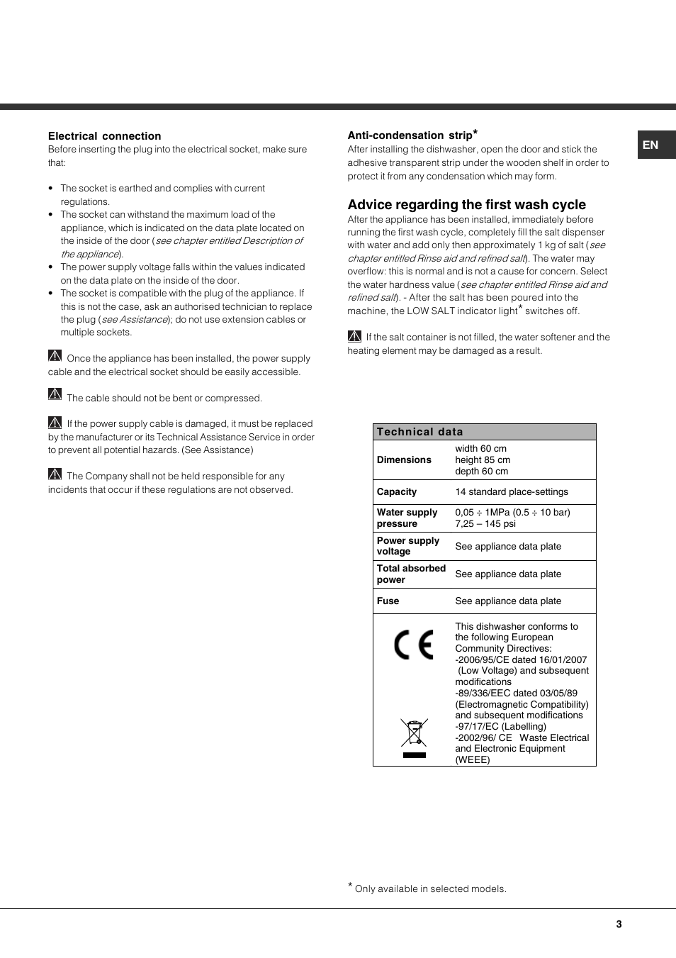 Advice regarding the first wash cycle | Hotpoint Ariston LFF 8214E User Manual | Page 3 / 84