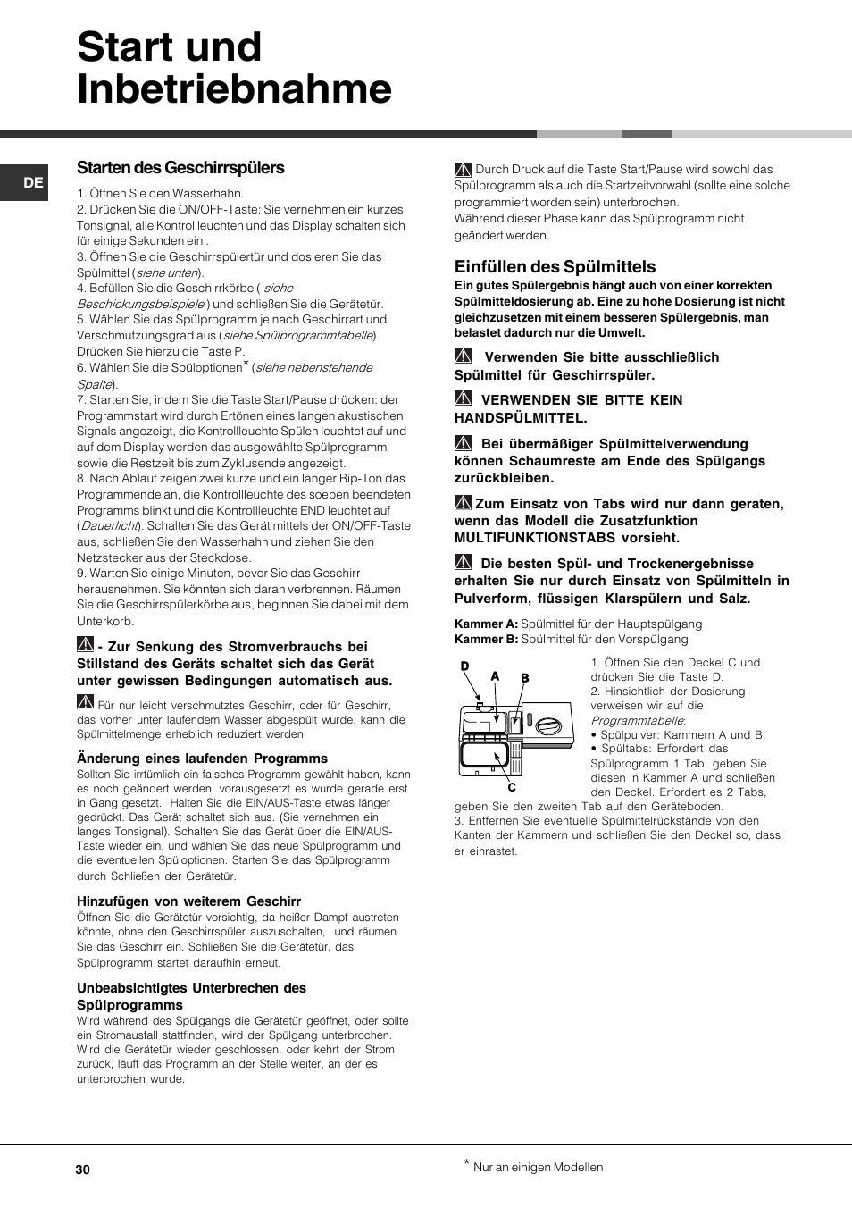 Start und inbetriebnahme, Starten des geschirrspülers, Einfüllen des spülmittels | Hotpoint Ariston LFF 8214E User Manual | Page 30 / 84