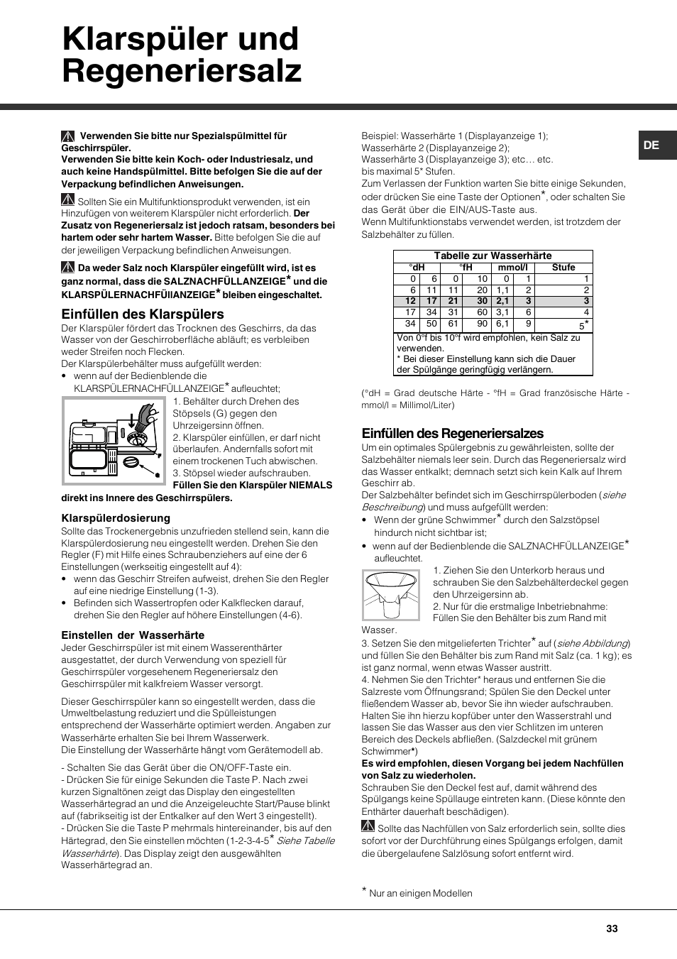 Klarspüler und regeneriersalz, Einfüllen des klarspülers, Einfüllen des regeneriersalzes | Hotpoint Ariston LFF 8214E User Manual | Page 33 / 84