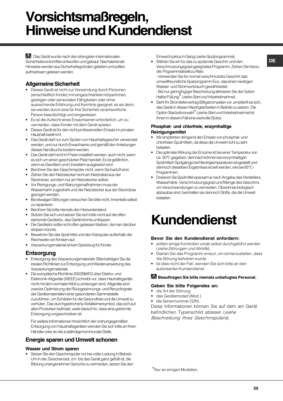 Vorsichtsmaßregeln, hinweise und kundendienst, Kundendienst, Allgemeine sicherheit | Entsorgung, Energie sparen und umwelt schonen | Hotpoint Ariston LFF 8214E User Manual | Page 35 / 84