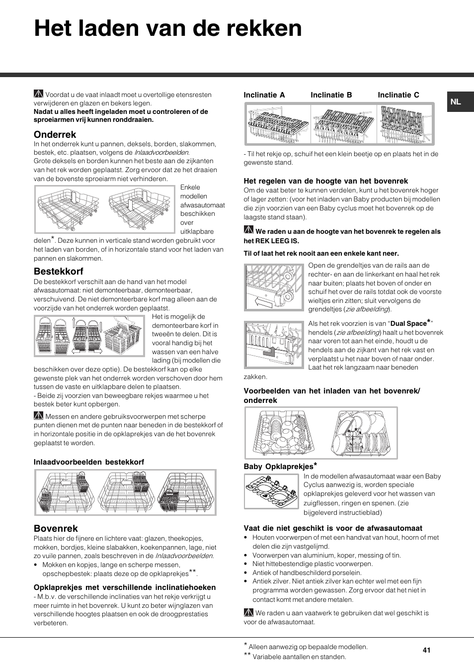 Het laden van de rekken, Onderrek, Bestekkorf | Bovenrek | Hotpoint Ariston LFF 8214E User Manual | Page 41 / 84