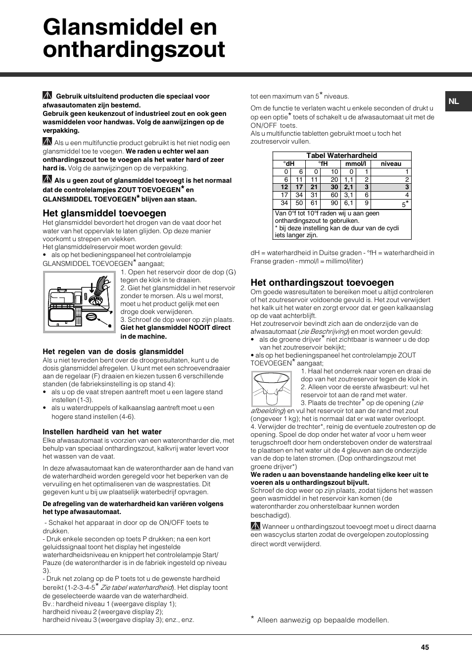 Glansmiddel en onthardingszout, Het glansmiddel toevoegen, Het onthardingszout toevoegen | Hotpoint Ariston LFF 8214E User Manual | Page 45 / 84