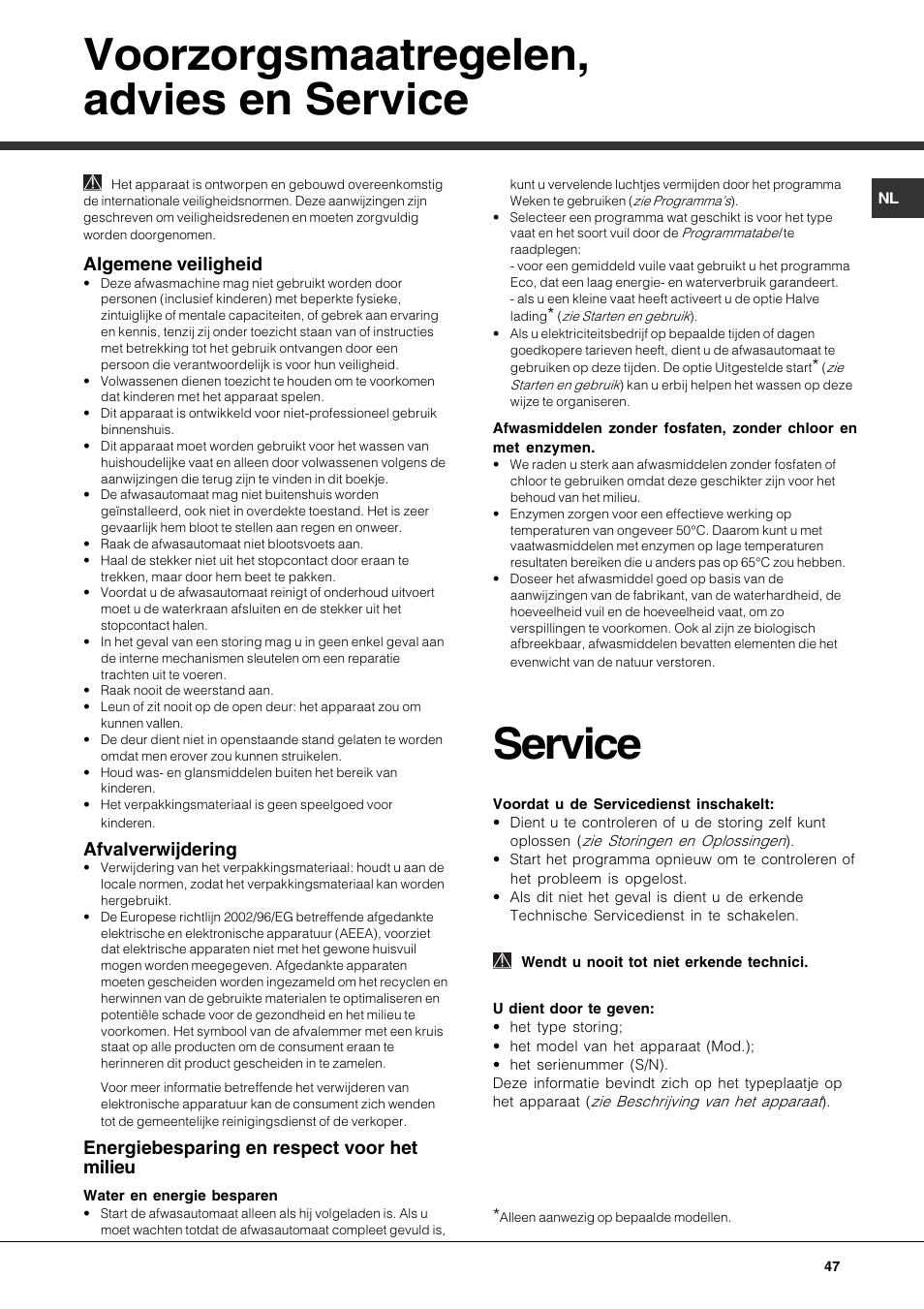 Voorzorgsmaatregelen, advies en service, 5ahle?a, Algemene veiligheid | Afvalverwijdering, Energiebesparing en respect voor het milieu | Hotpoint Ariston LFF 8214E User Manual | Page 47 / 84
