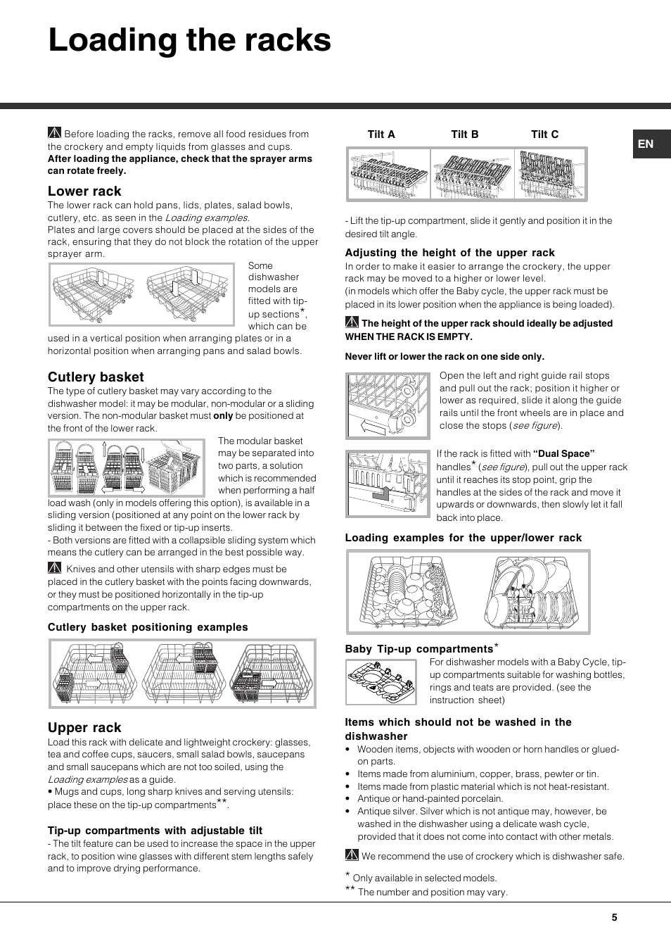 Loading the racks, Lower rack, Cutlery basket | Upper rack | Hotpoint Ariston LFF 8214E User Manual | Page 5 / 84