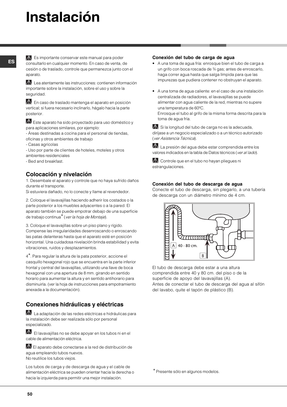 Instalación, Colocación y nivelación, Conexiones hidráulicas y eléctricas | Hotpoint Ariston LFF 8214E User Manual | Page 50 / 84