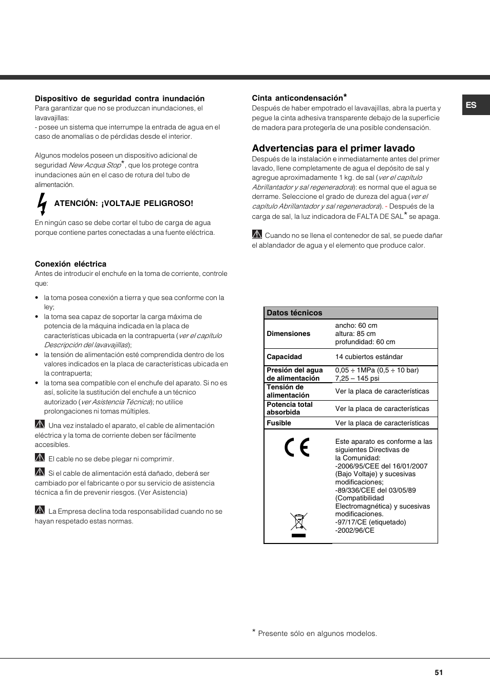 Advertencias para el primer lavado | Hotpoint Ariston LFF 8214E User Manual | Page 51 / 84