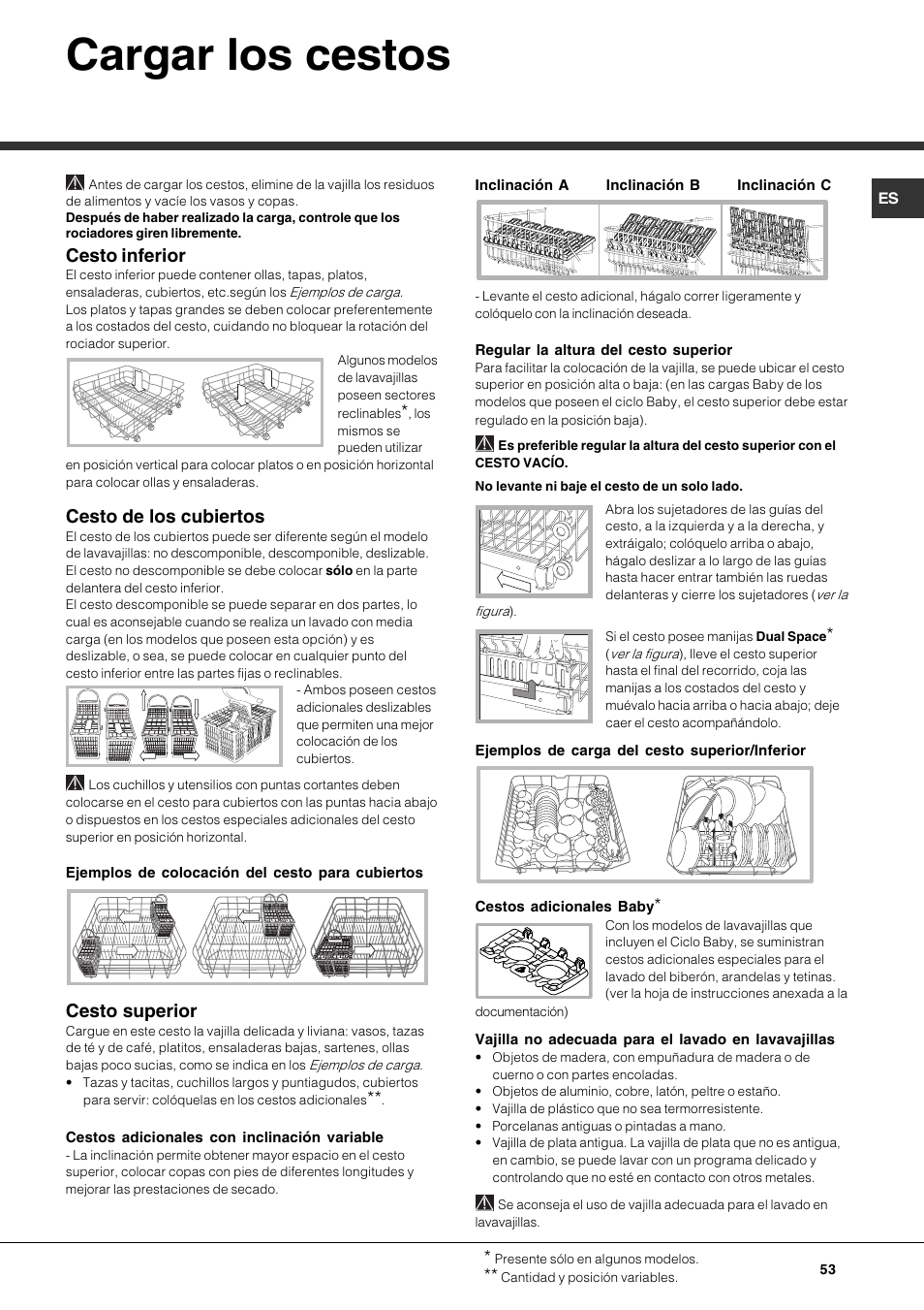 Cargar los cestos, Cesto inferior, Cesto de los cubiertos | Cesto superior | Hotpoint Ariston LFF 8214E User Manual | Page 53 / 84