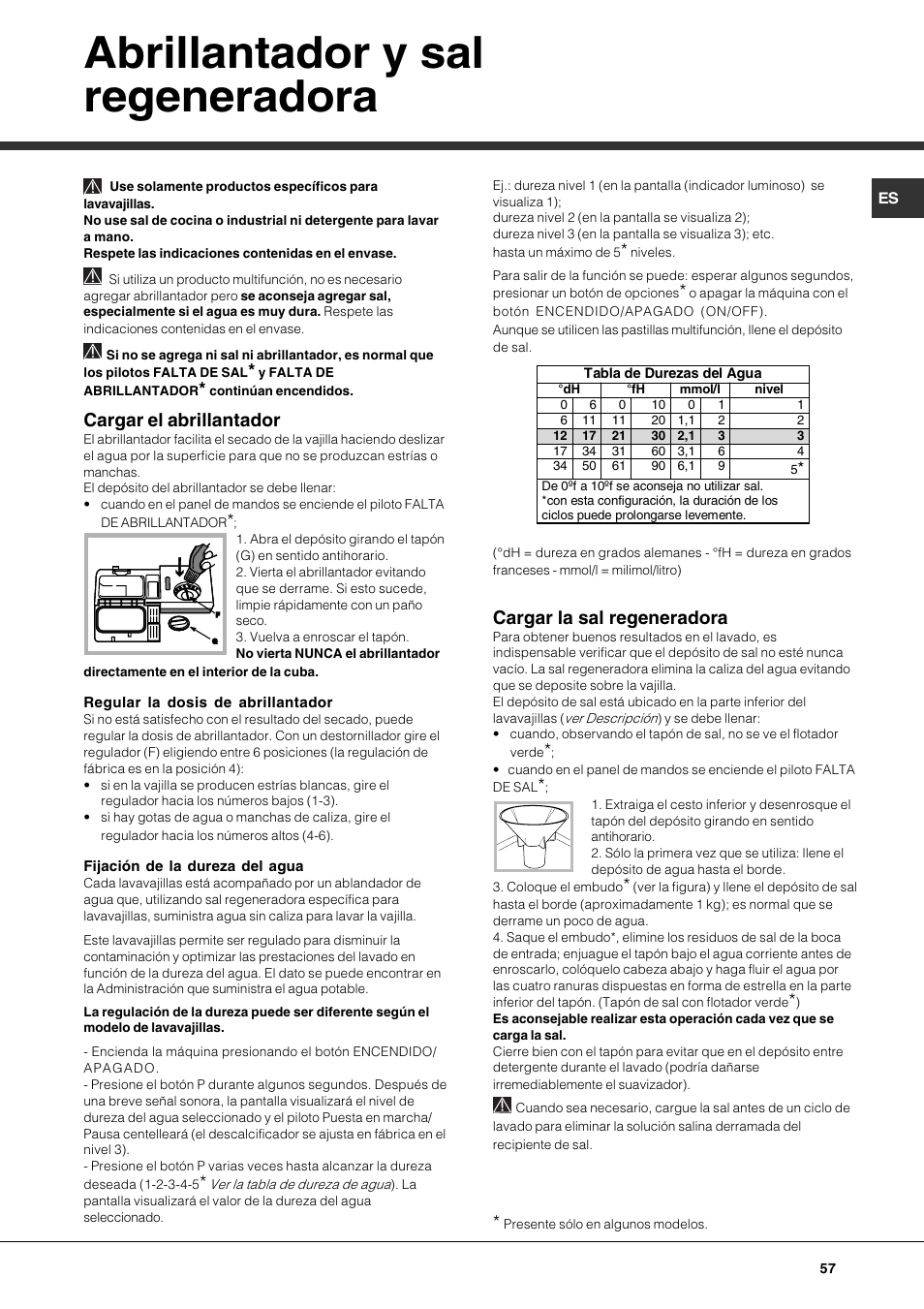 Abrillantador y sal regeneradora, Cargar el abrillantador, Cargar la sal regeneradora | Hotpoint Ariston LFF 8214E User Manual | Page 57 / 84