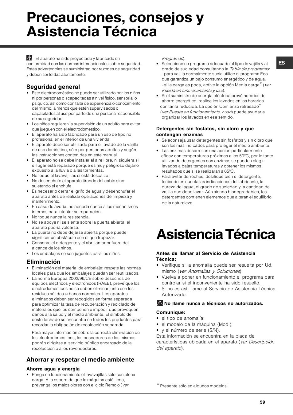 Precauciones, consejos y asistencia técnica, Asistencia técnica, Seguridad general | Eliminación, Ahorrar y respetar el medio ambiente | Hotpoint Ariston LFF 8214E User Manual | Page 59 / 84