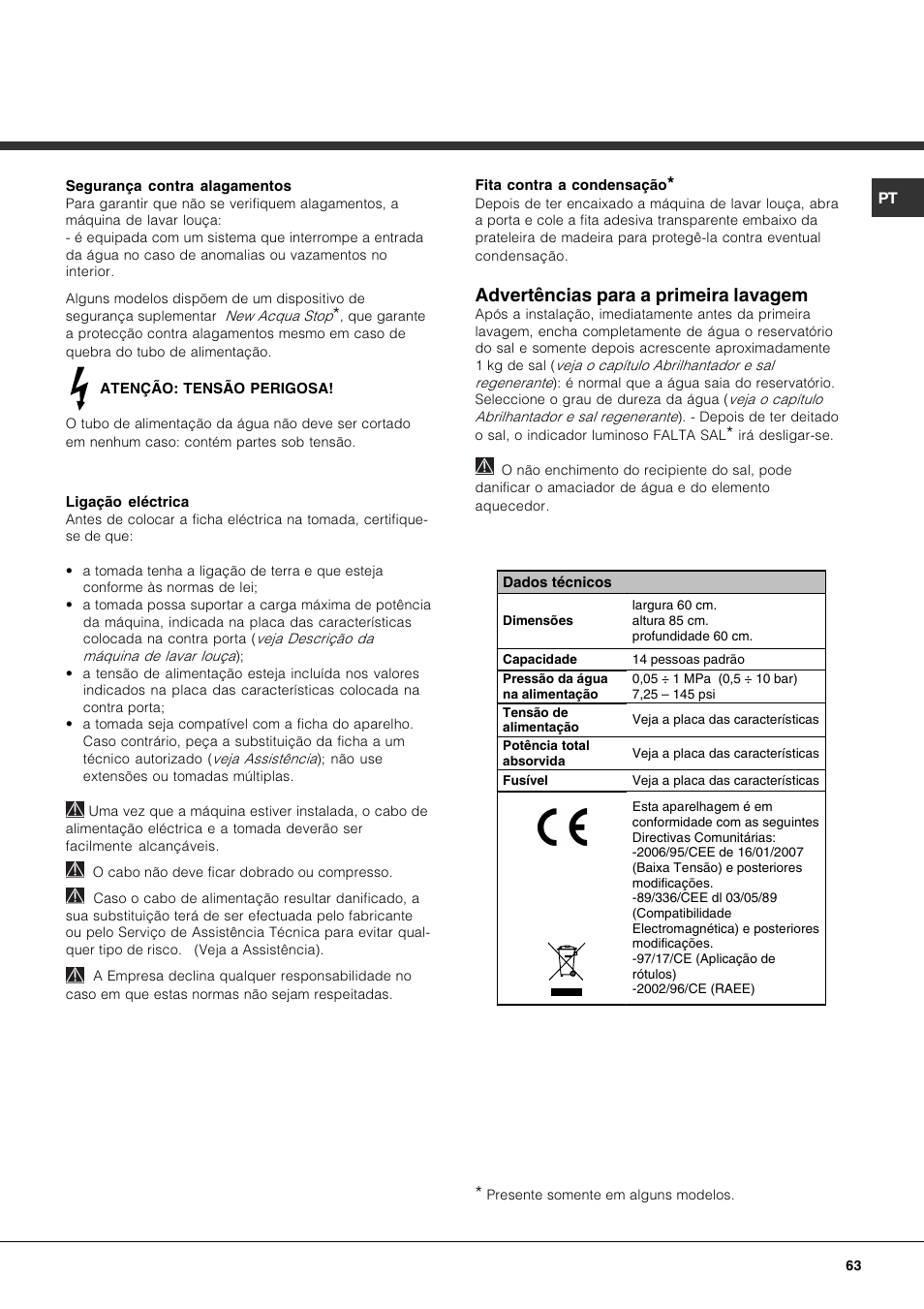 Advertências para a primeira lavagem | Hotpoint Ariston LFF 8214E User Manual | Page 63 / 84
