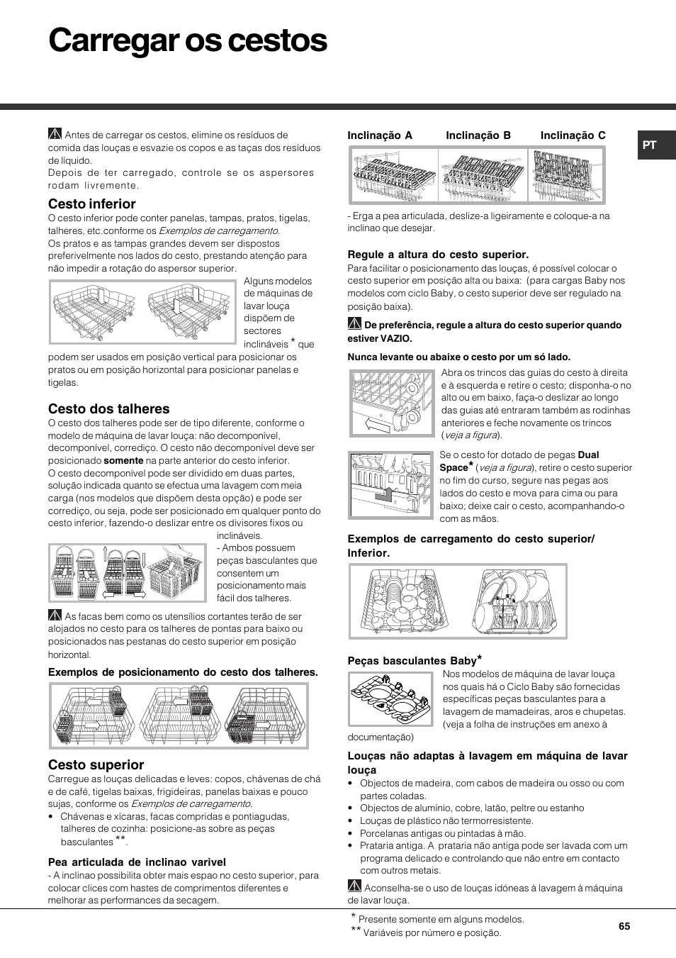 Carregar os cestos, Cesto inferior, Cesto dos talheres | Cesto superior | Hotpoint Ariston LFF 8214E User Manual | Page 65 / 84