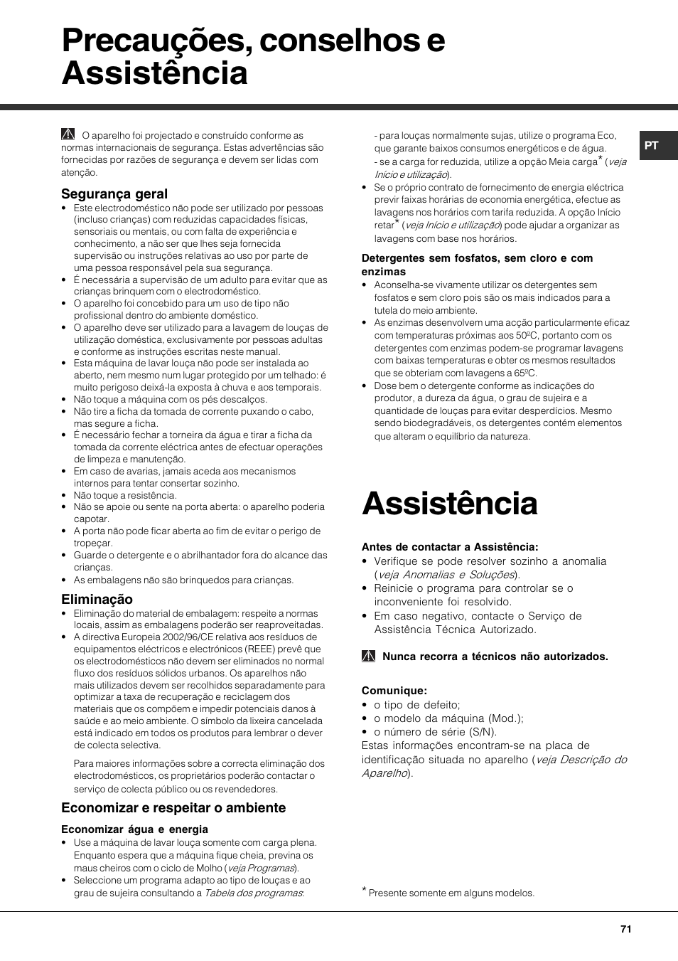 Precauções, conselhos e assistência, Assistência, Segurança geral | Eliminação, Economizar e respeitar o ambiente | Hotpoint Ariston LFF 8214E User Manual | Page 71 / 84