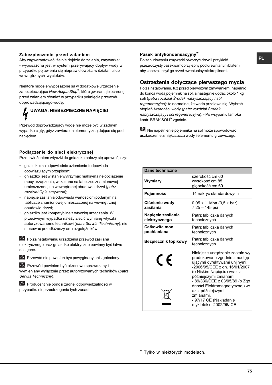 Ostrze¿enia dotycz¹ce pierwszego mycia | Hotpoint Ariston LFF 8214E User Manual | Page 75 / 84