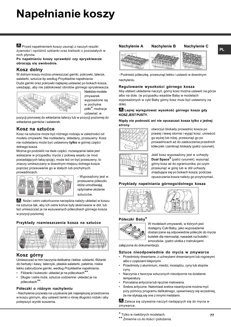 Nape³nianie koszy, Kosz dolny, Kosz na sztuæce | Kosz górny | Hotpoint Ariston LFF 8214E User Manual | Page 77 / 84