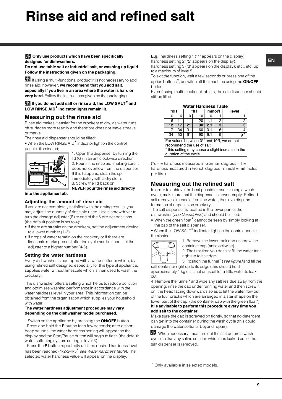 Rinse aid and refined salt, Measuring out the rinse aid, Measuring out the refined salt | Hotpoint Ariston LFF 8214E User Manual | Page 9 / 84