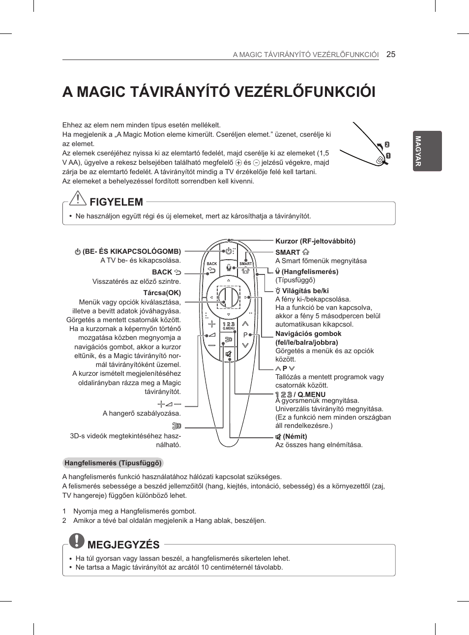 A magic távirányító vezérlőfunkciói, Figyelem, Megjegyzés | LG 55EA880V User Manual | Page 111 / 544