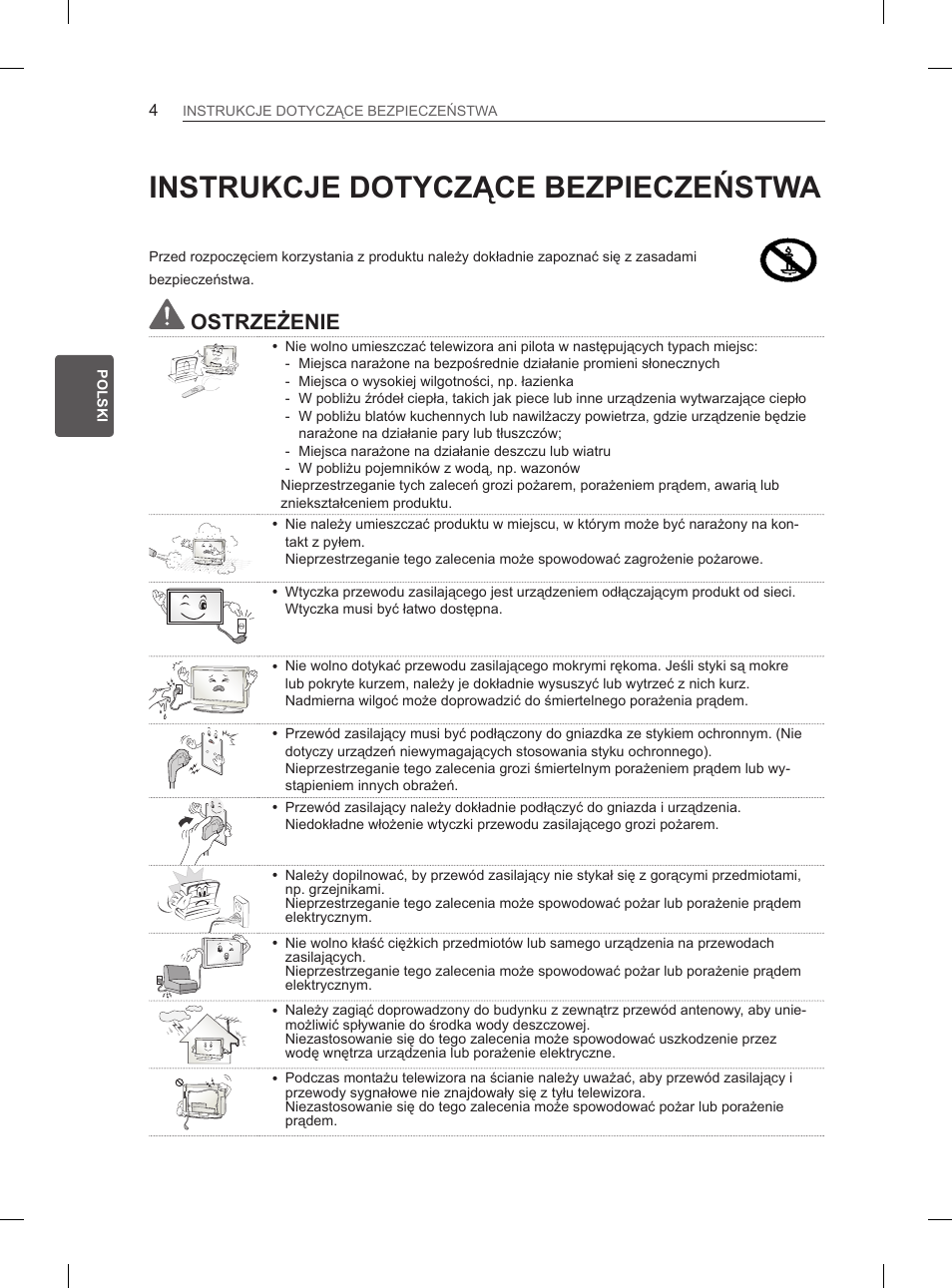 Instrukcje dotyczące bezpieczeństwa, Ostrzeżenie | LG 55EA880V User Manual | Page 120 / 544