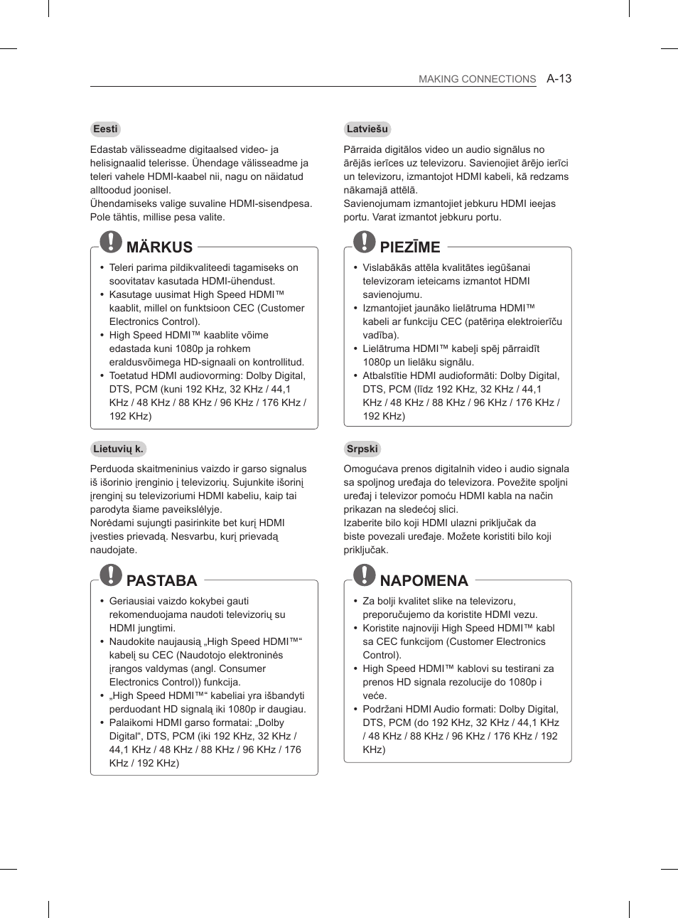 Märkus, Pastaba, Piezīme | Napomena | LG 55EA880V User Manual | Page 13 / 544