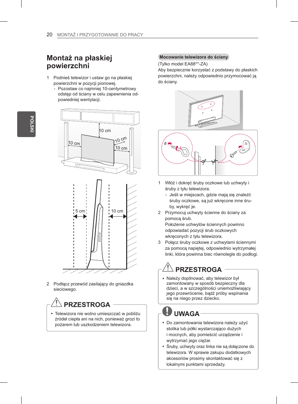 Montaż na płaskiej powierzchni, Przestroga, Uwaga | LG 55EA880V User Manual | Page 136 / 544