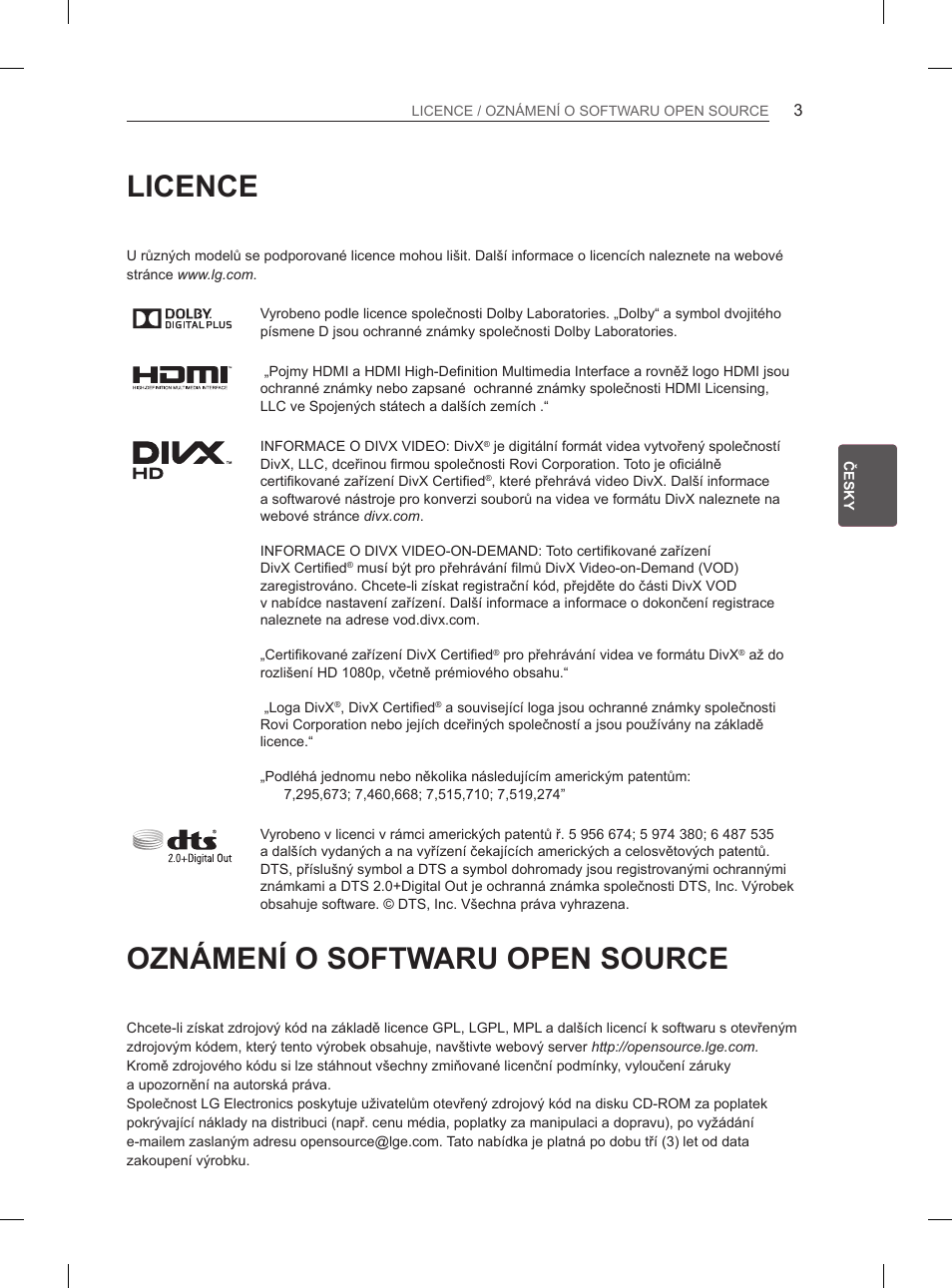 Licence, Oznámení o softwaru open source | LG 55EA880V User Manual | Page 149 / 544